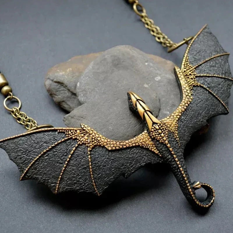 Black winged flying dragon necklace