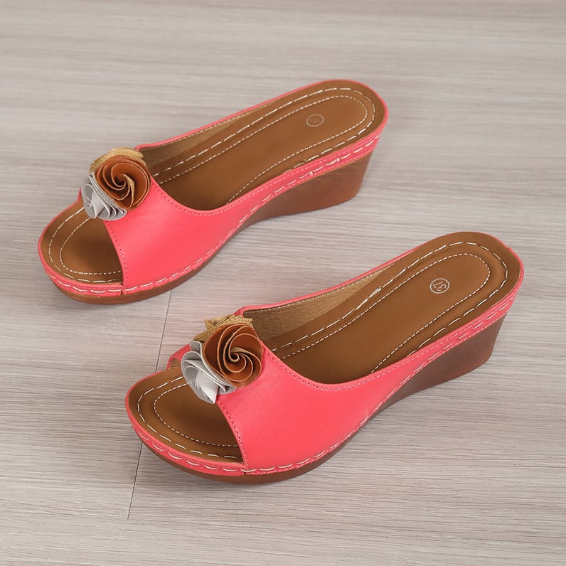 Women's Comfy Leather Solid Flower Strap Wedge Sandals