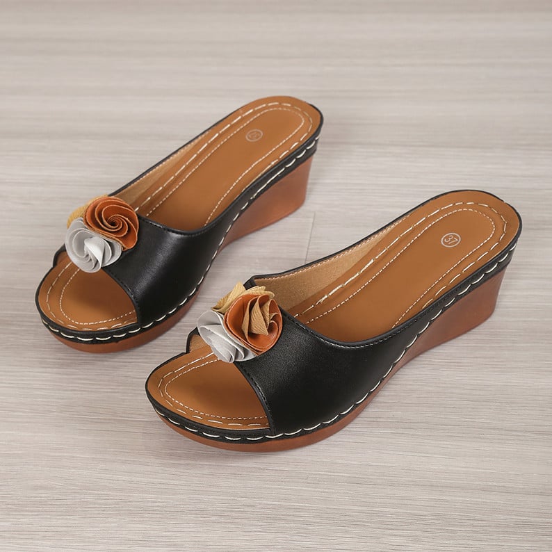 Women's Comfy Leather Solid Flower Strap Wedge Sandals