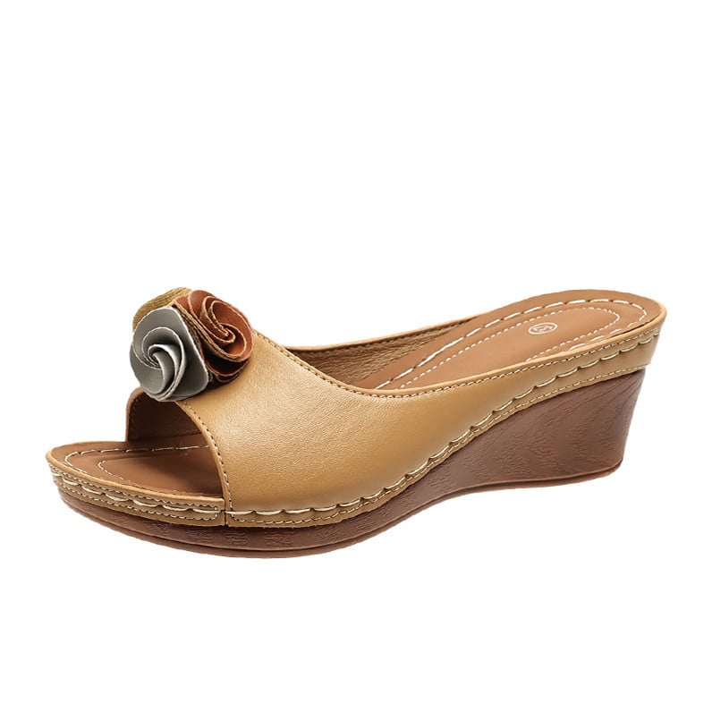 Women's Comfy Leather Solid Flower Strap Wedge Sandals