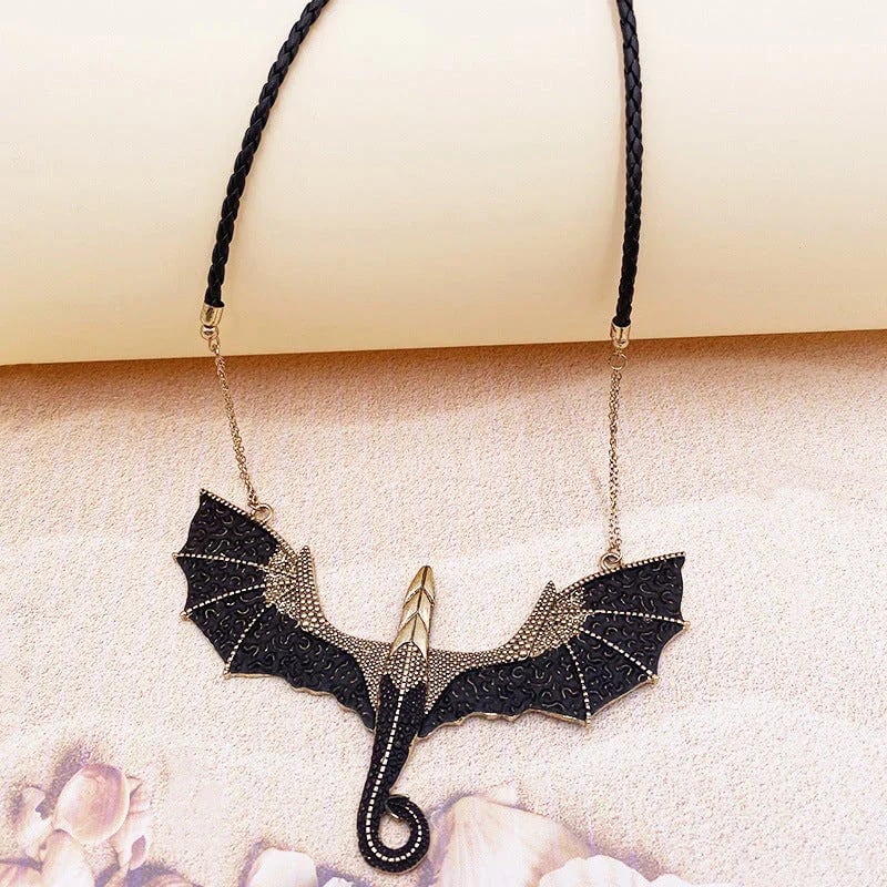 Black winged flying dragon necklace