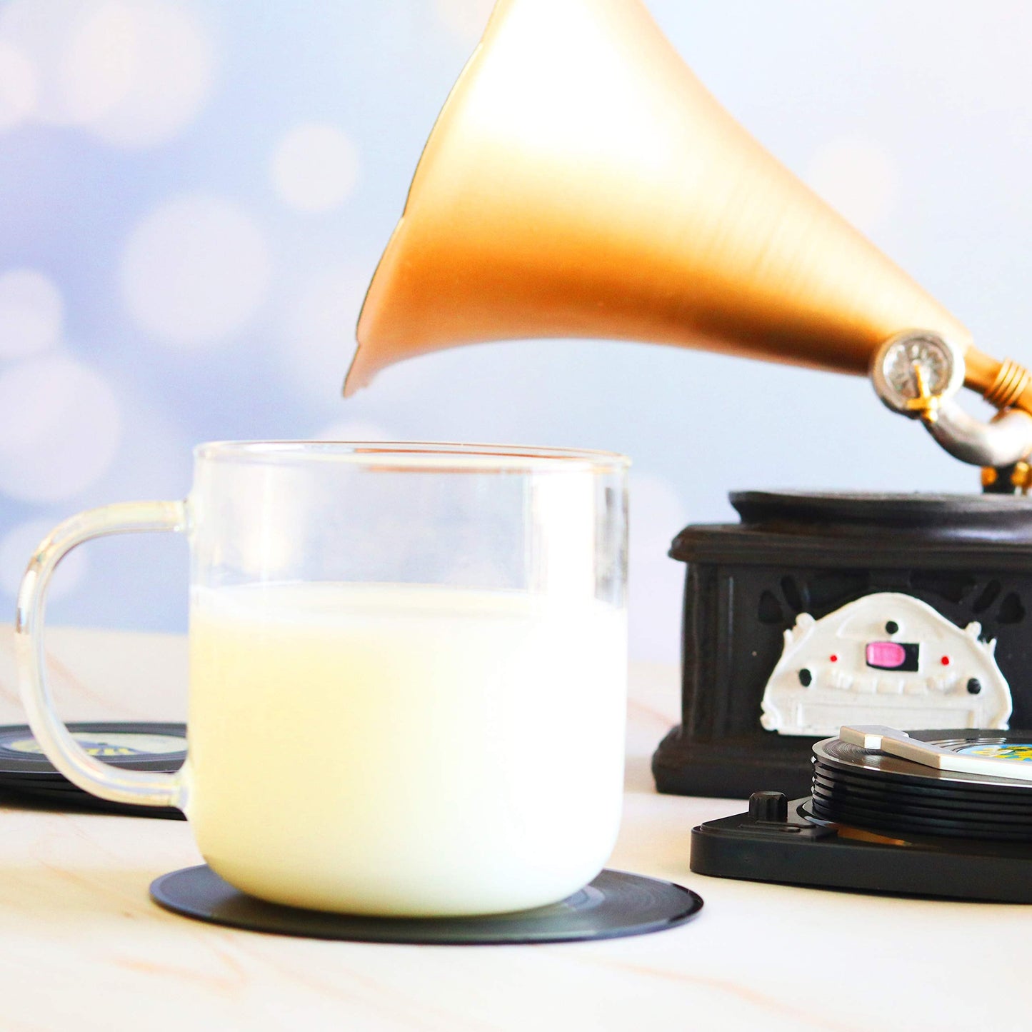 Vinyl Record Coasters with Retro Vinyl Player Holder