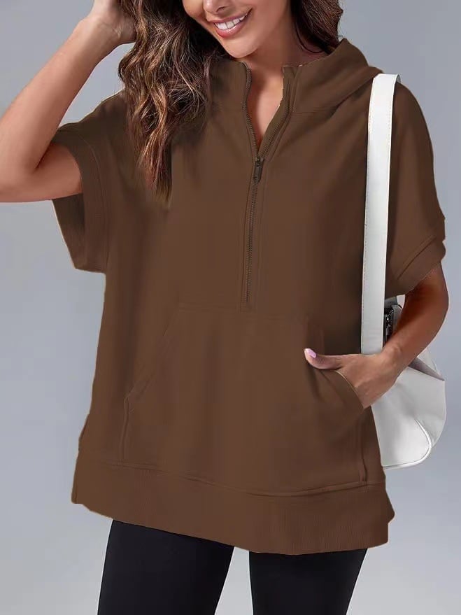 🔥Oversized Casual Half Zip Short Sleeve Pullover Tops with Pockets