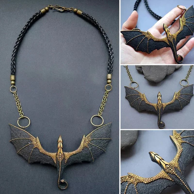 Black winged flying dragon necklace