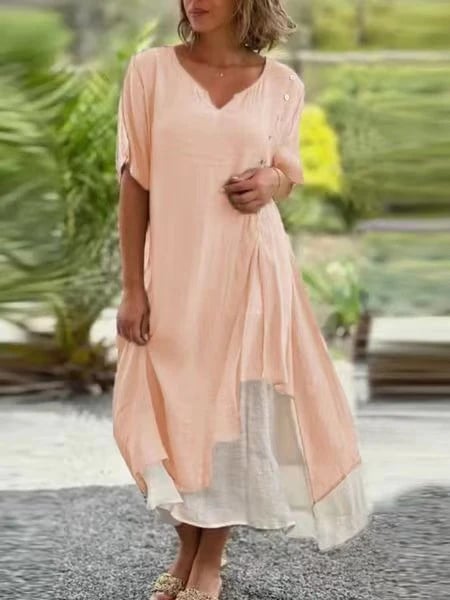 Country Style V Neck Short Sleeve Irregular Hem Dress for Women