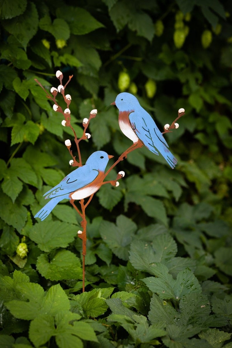 Hand Painted Metal Bluebirds on Spring Willow Garden Stake