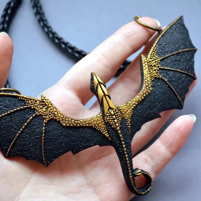 Black winged flying dragon necklace