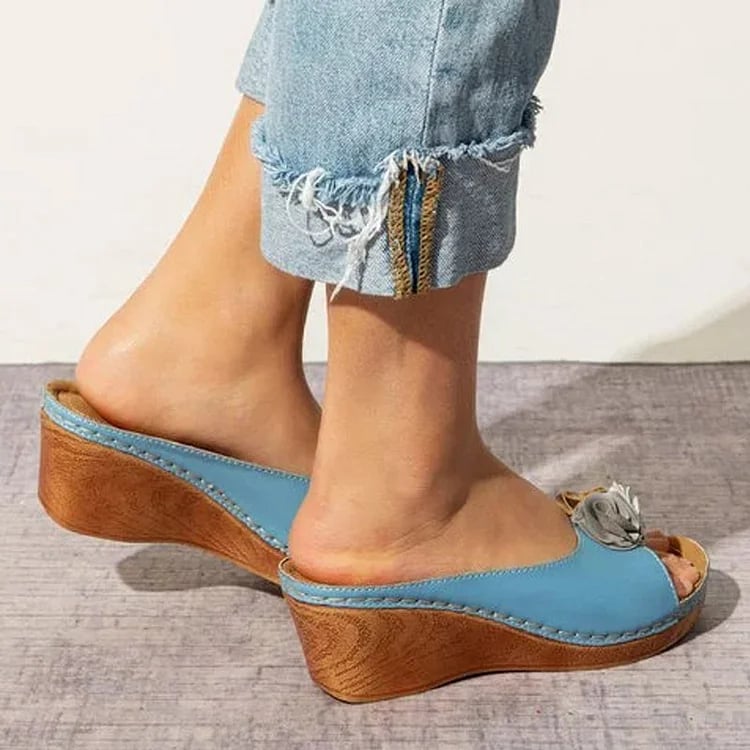 Women's Comfy Leather Solid Flower Strap Wedge Sandals