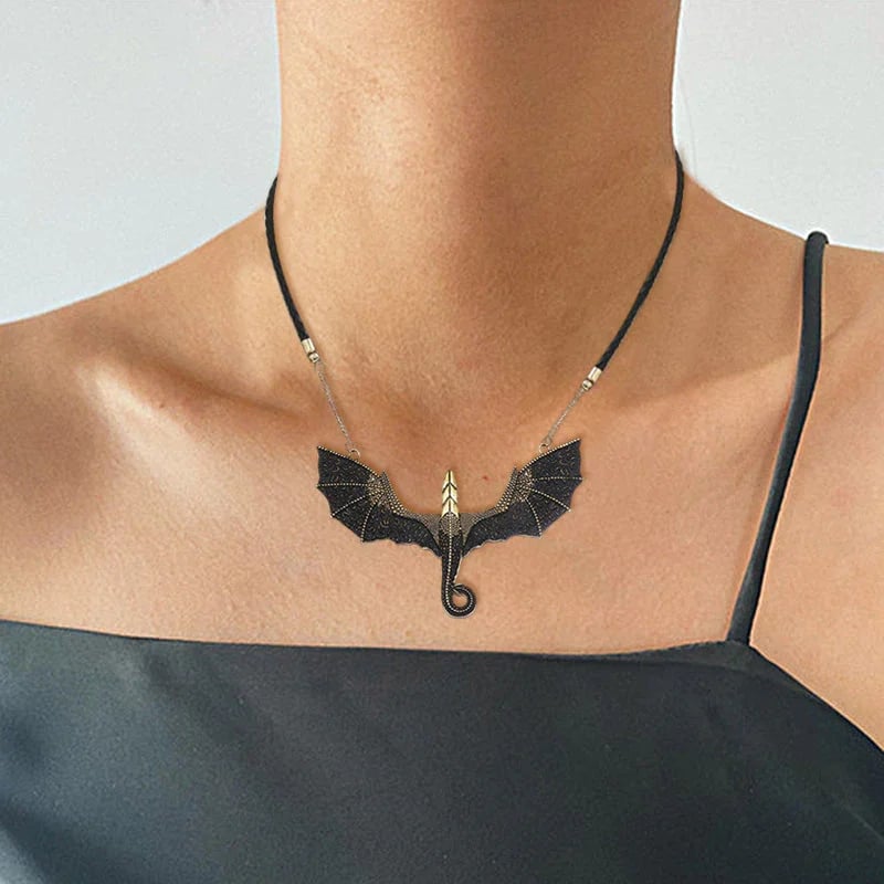 Black winged flying dragon necklace