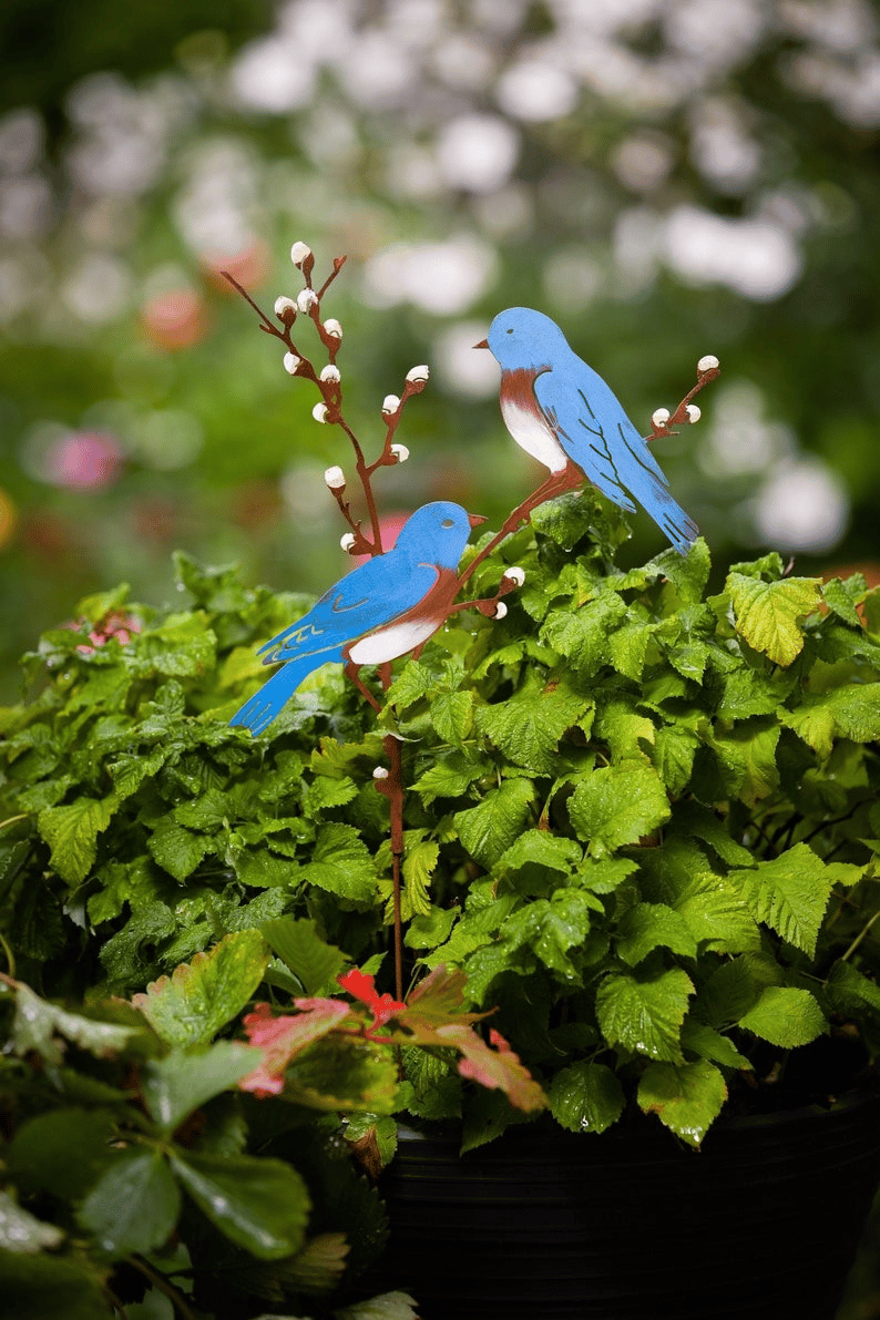 Hand Painted Metal Bluebirds on Spring Willow Garden Stake