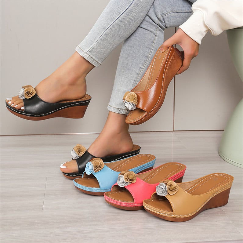 Women's Comfy Leather Solid Flower Strap Wedge Sandals