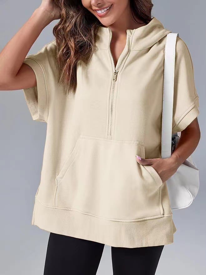 🔥Oversized Casual Half Zip Short Sleeve Pullover Tops with Pockets