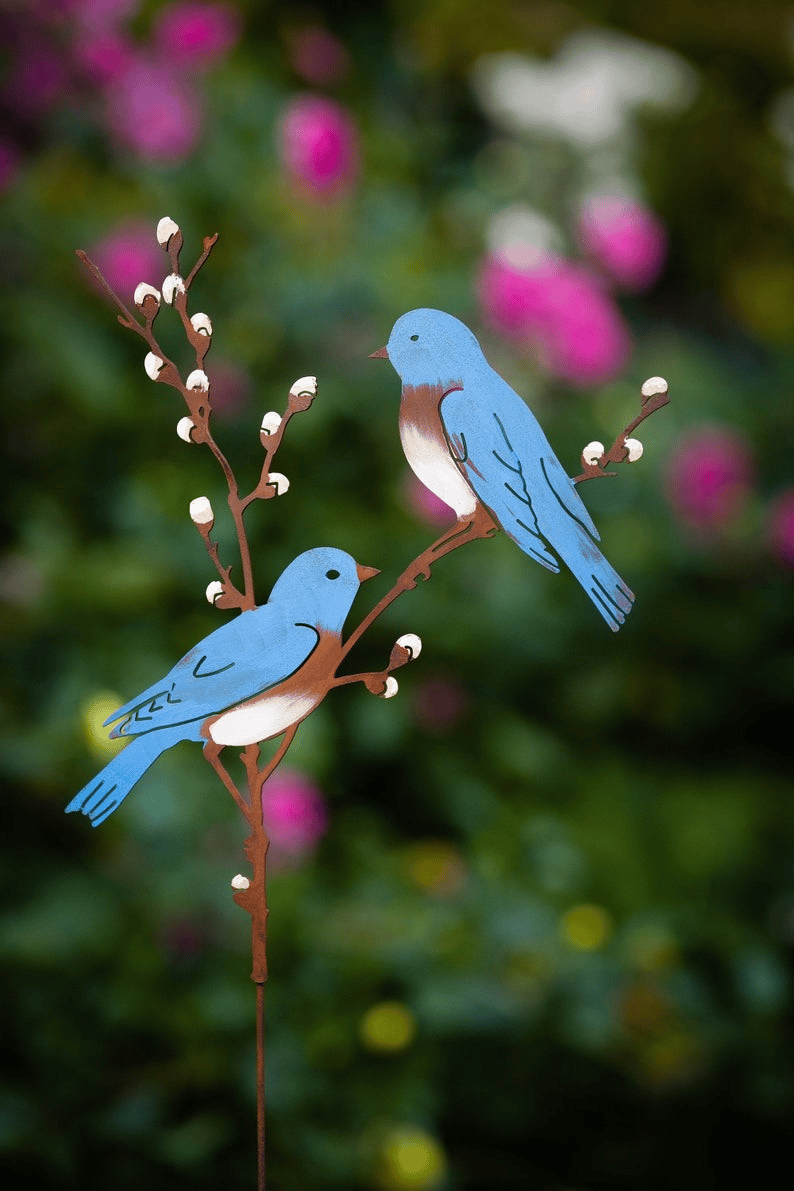 Hand Painted Metal Bluebirds on Spring Willow Garden Stake