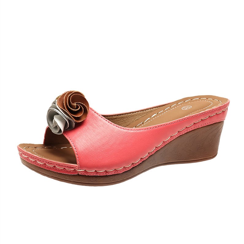 Women's Comfy Leather Solid Flower Strap Wedge Sandals