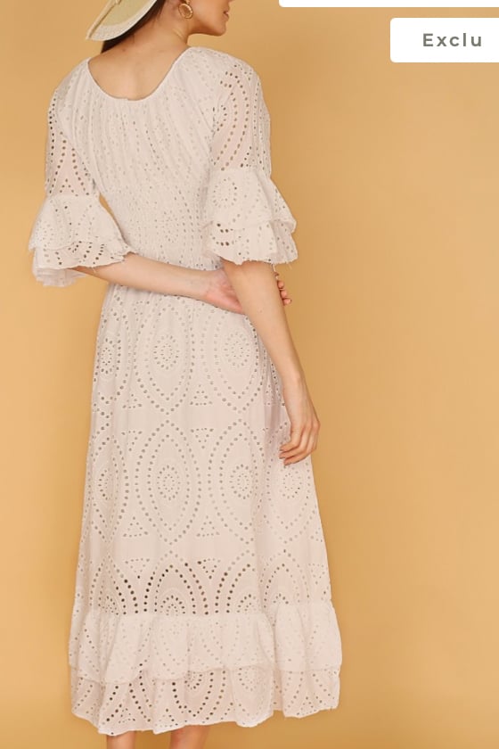 Embroidery Anglaise Frill Sleeve Midi Dress