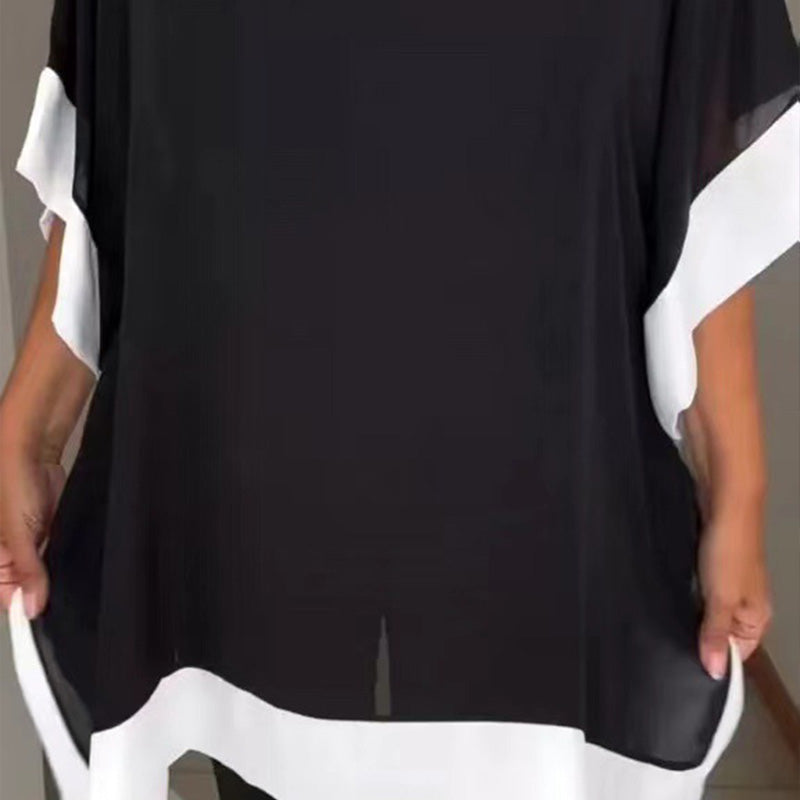 Women's Loose Batwing Sleeve Color Block T-Shirt