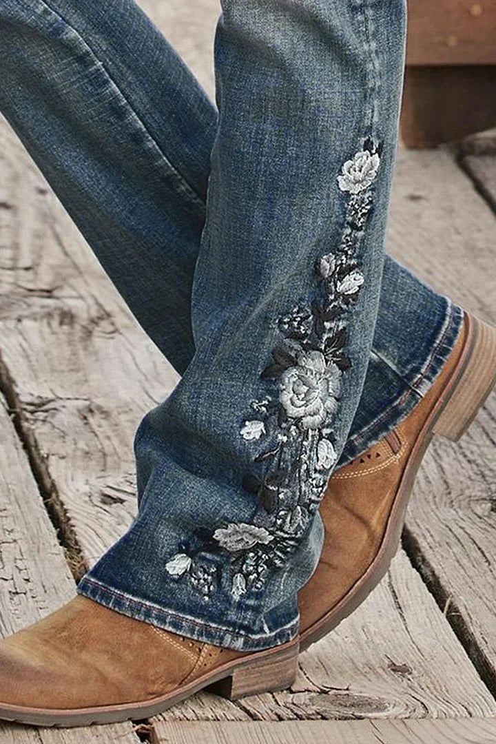 🔥Floral Hand Embroidery Mid Waist Bootcut Jeans🔥