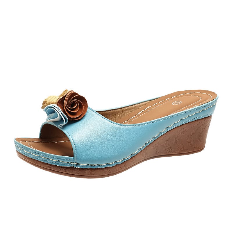 Women's Comfy Leather Solid Flower Strap Wedge Sandals