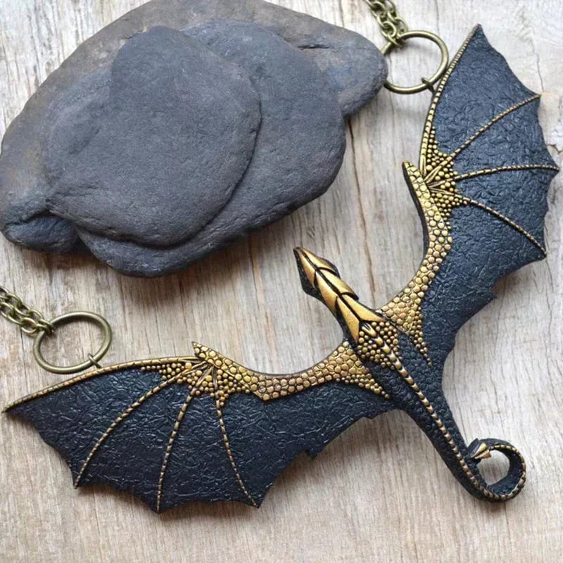 Black winged flying dragon necklace