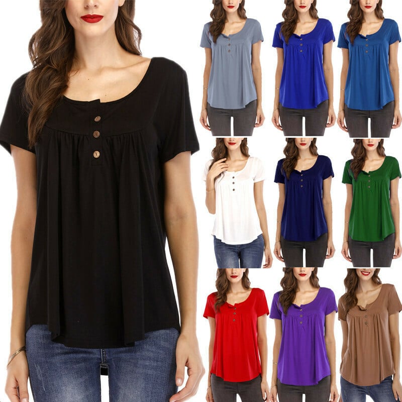 🔥🔥Women's pleated button loose short-sleeved T-shirt