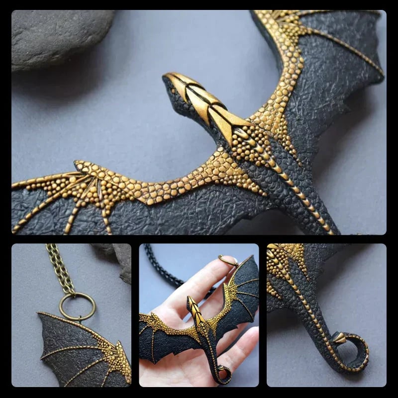 Black winged flying dragon necklace