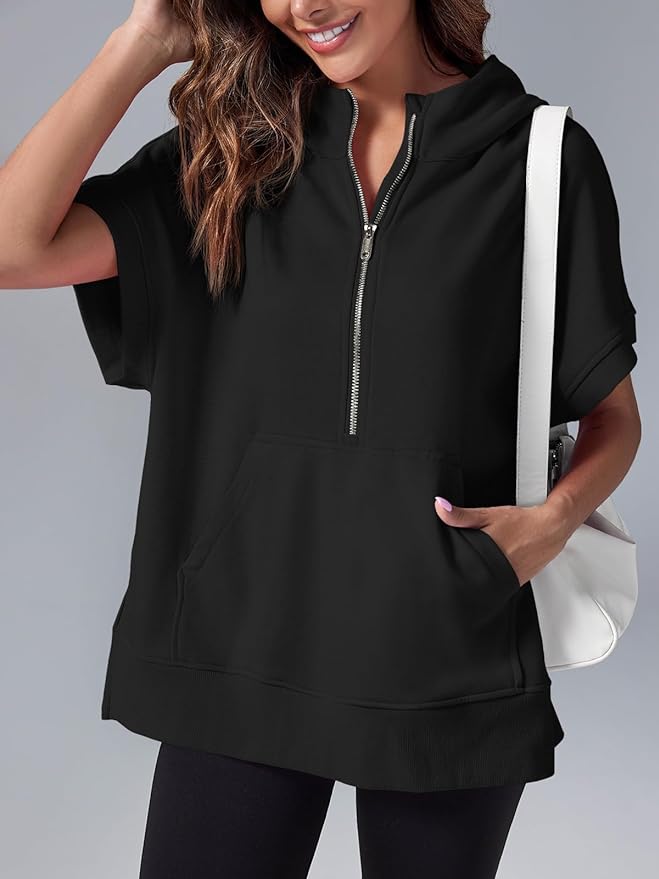 🔥Oversized Casual Half Zip Short Sleeve Pullover Tops with Pockets