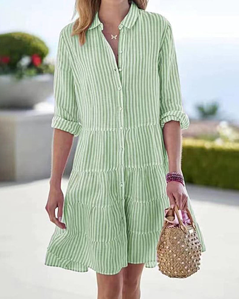 Long Sleeve Lapel Stripe Layered Panel Hem Shirt Dress