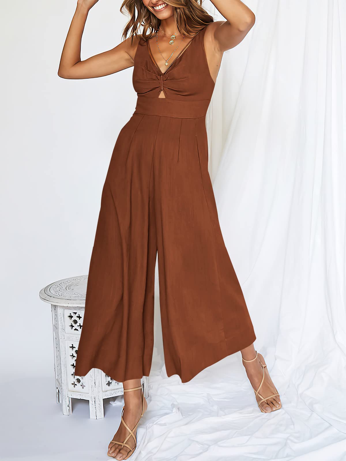 V Neck Cutout High-Waist Jumpsuits