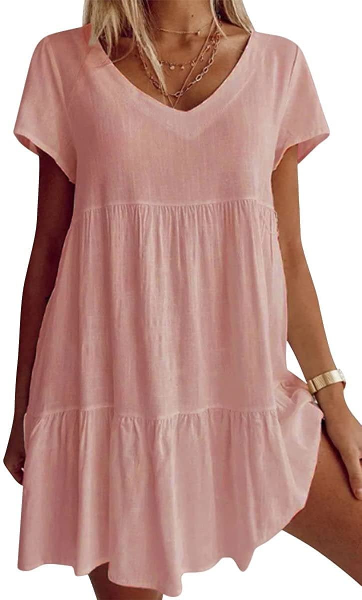 🎁Plus Size Cotton-Blend V Neck Casual Short Sleeve Weaving Dress