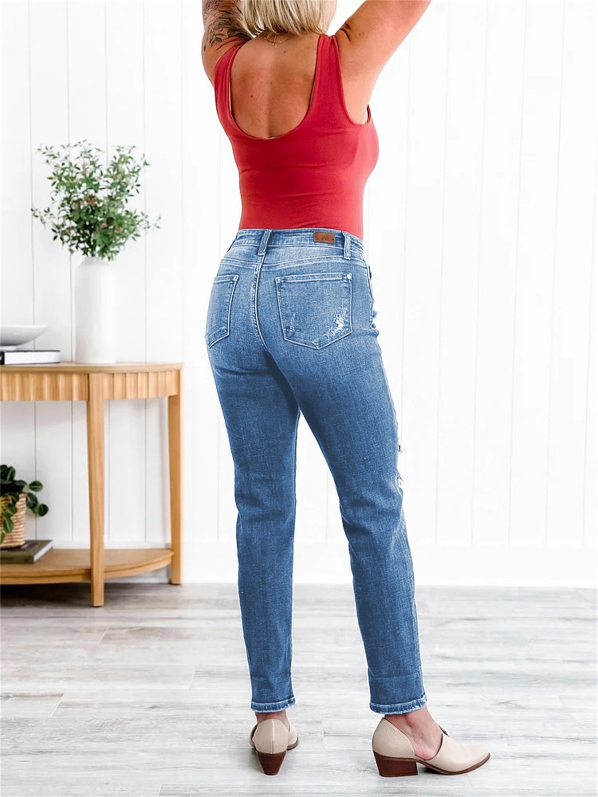 🔥Tummy Control Distressed Cuffed Boyfriend Jeans