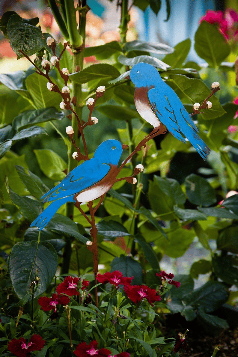 Hand Painted Metal Bluebirds on Spring Willow Garden Stake