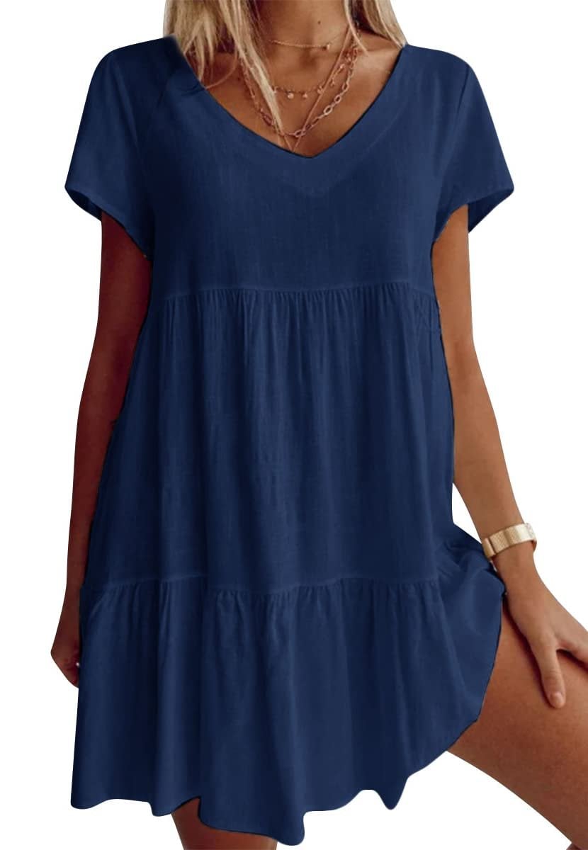 🎁Plus Size Cotton-Blend V Neck Casual Short Sleeve Weaving Dress