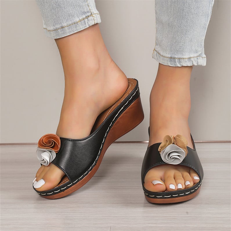 Women's Comfy Leather Solid Flower Strap Wedge Sandals