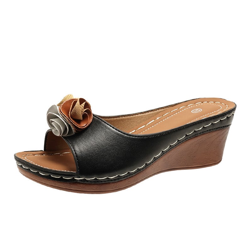 Women's Comfy Leather Solid Flower Strap Wedge Sandals