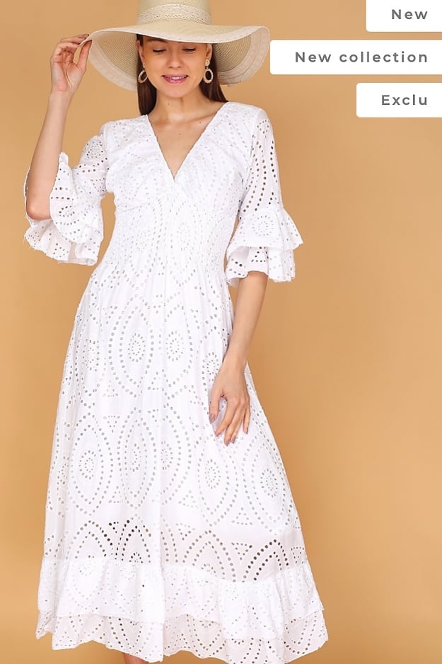 Embroidery Anglaise Frill Sleeve Midi Dress