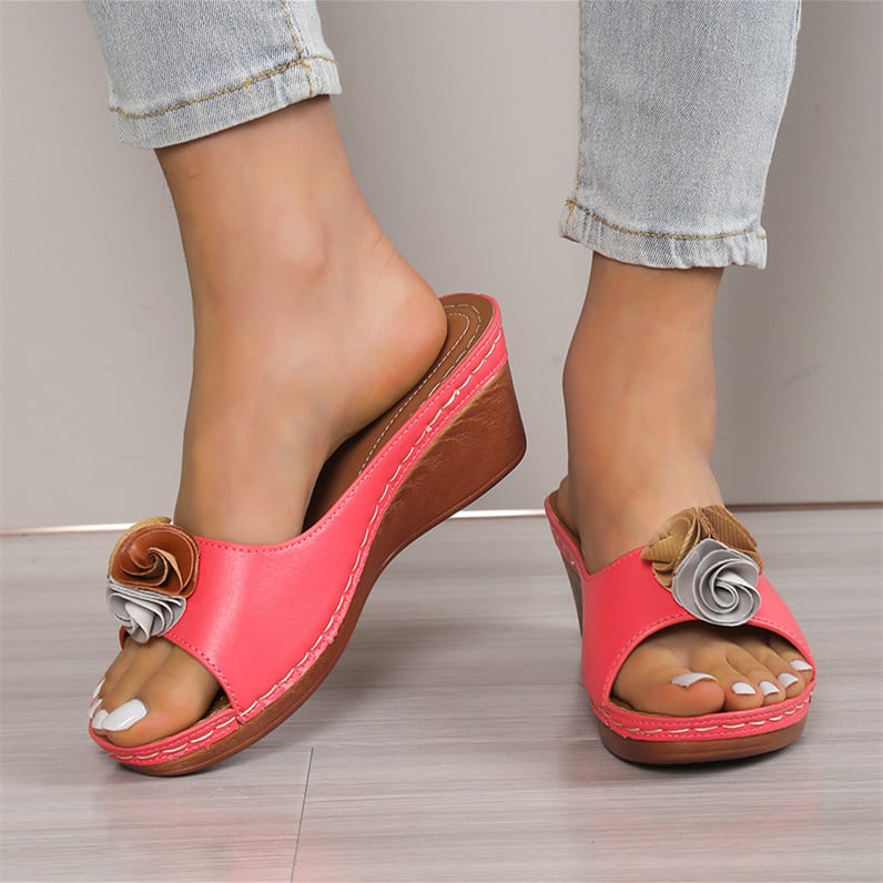 Women's Comfy Leather Solid Flower Strap Wedge Sandals