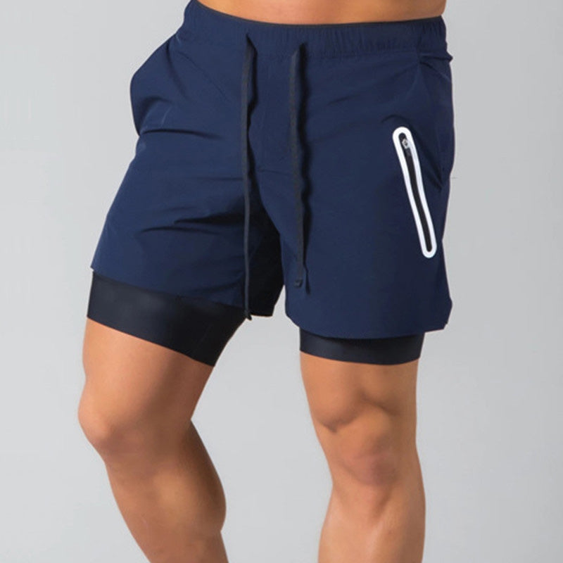 Man's Double Layer Breathable Running Shorts with Zipper Pockets