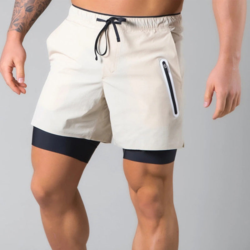 Man's Double Layer Breathable Running Shorts with Zipper Pockets