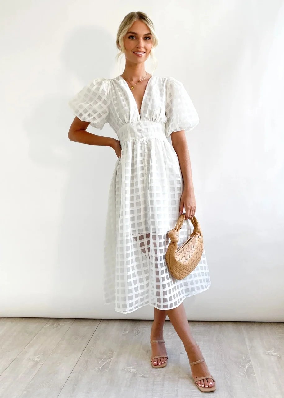 🔥 Square Patterned Fabric Puff Sleeve Midi Dress