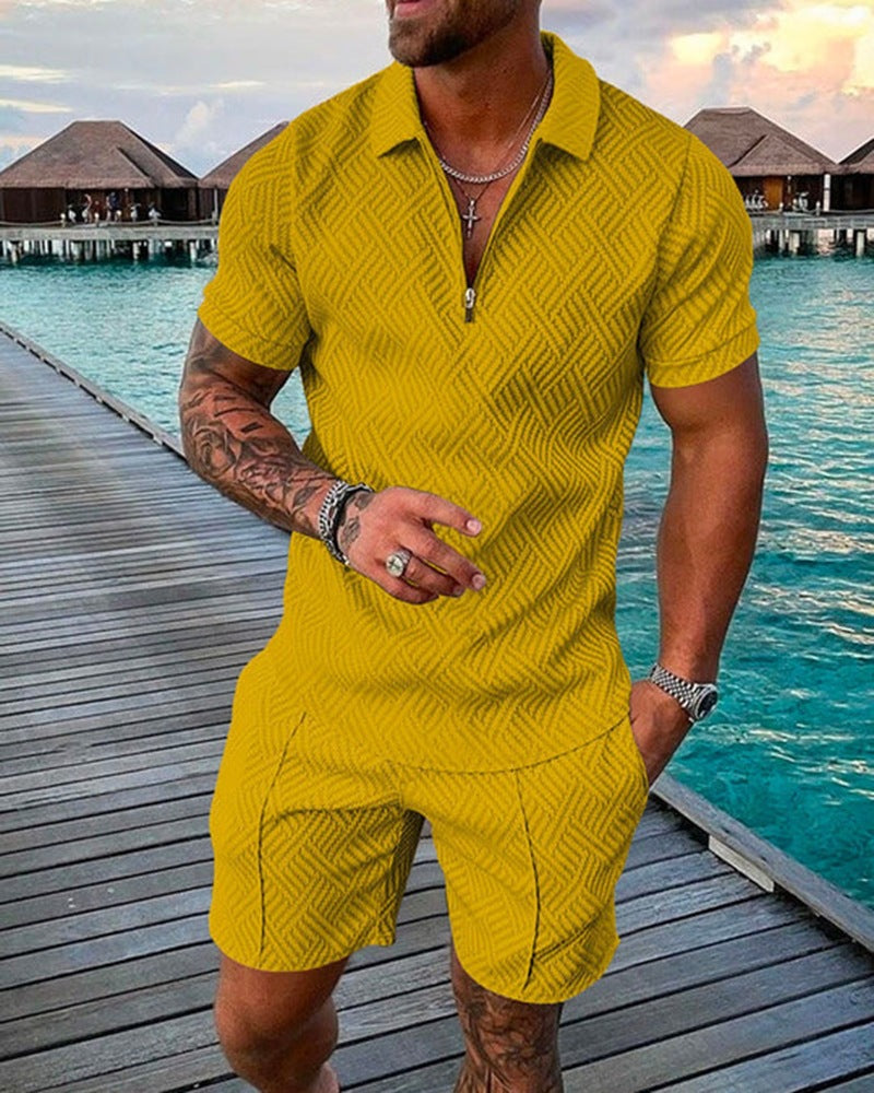 2023 New Men's Fashion Casual Suit Zipper Short Sleeve Polo Shirt Shorts 2 Piece Set