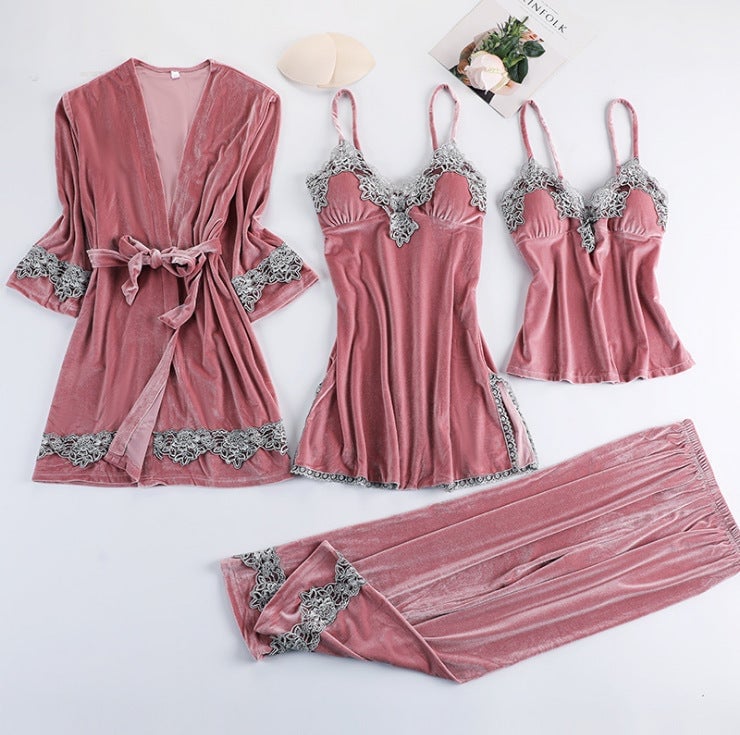 Women Sexy Velvet Pajamas Sets 4 pcs