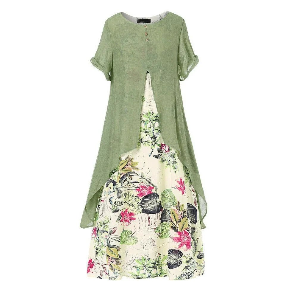 Women Vintage Print Patchwork Plus Size Maxi Dress With Pockets