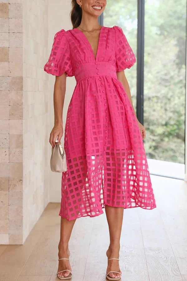 🔥 Square Patterned Fabric Puff Sleeve Midi Dress