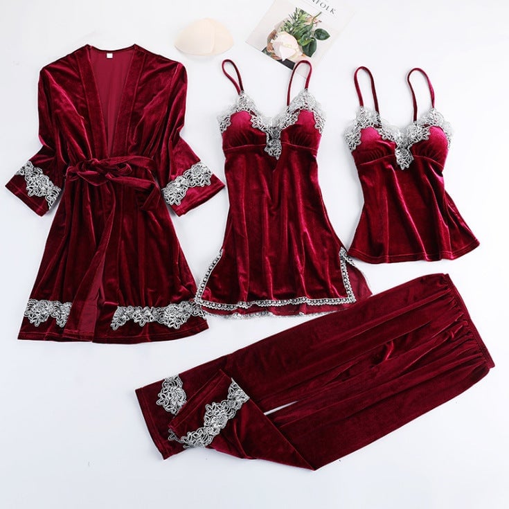 Women Sexy Velvet Pajamas Sets 4 pcs