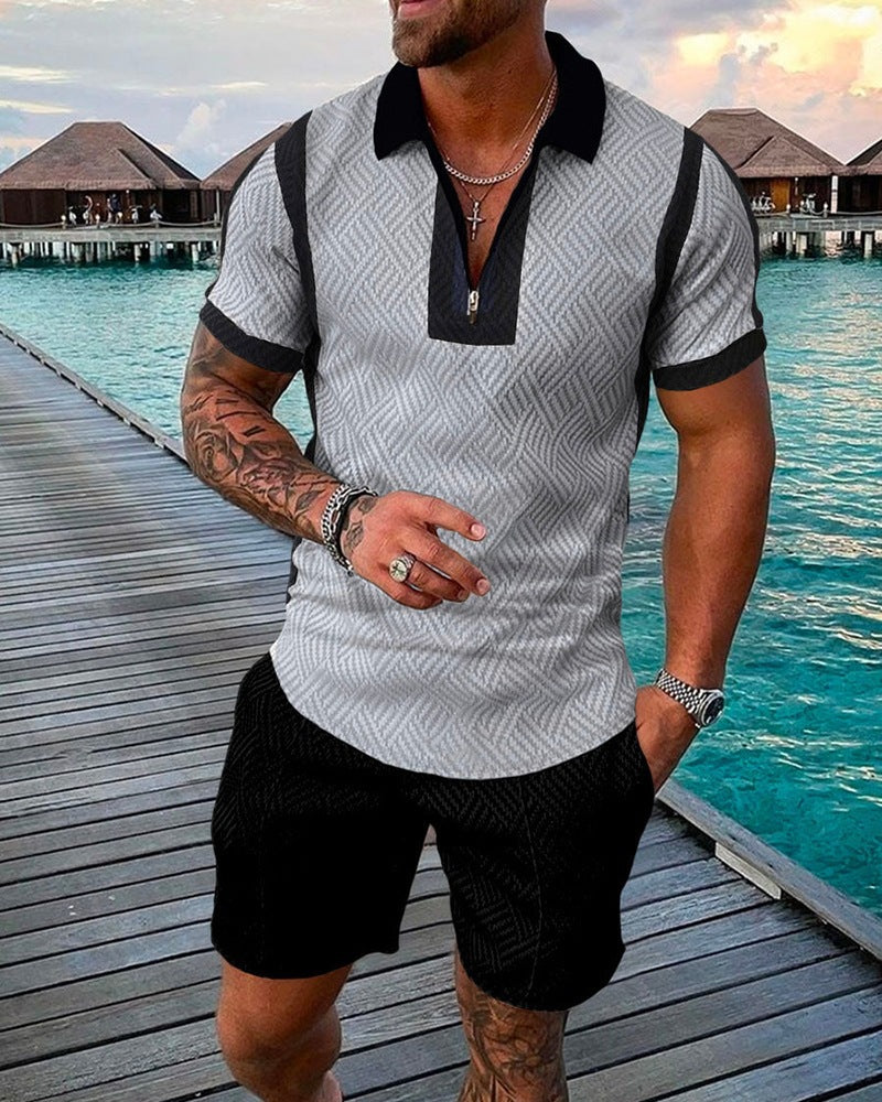 2023 New Men's Fashion Casual Suit Zipper Short Sleeve Polo Shirt Shorts 2 Piece Set