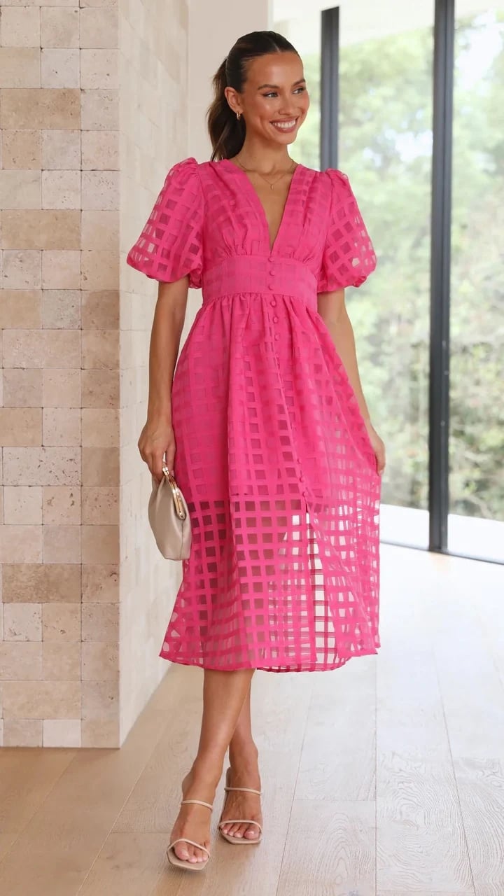 🔥 Square Patterned Fabric Puff Sleeve Midi Dress