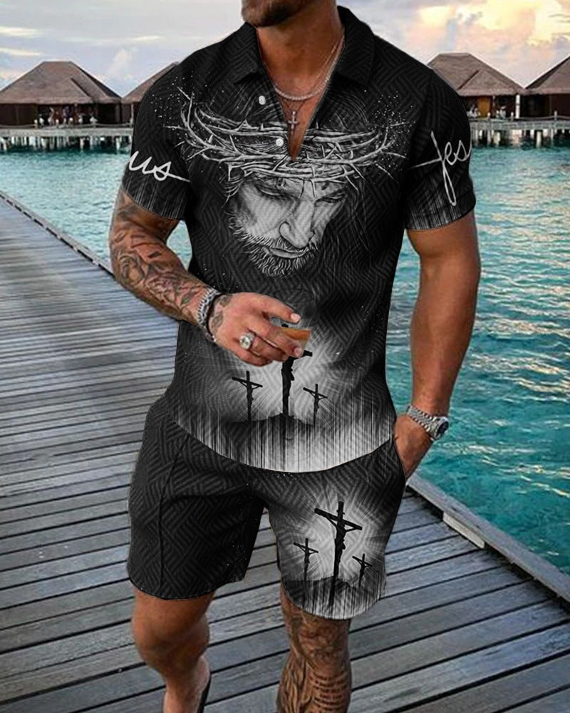 2023 New Men's Fashion Casual Suit Zipper Short Sleeve Polo Shirt Shorts 2 Piece Set