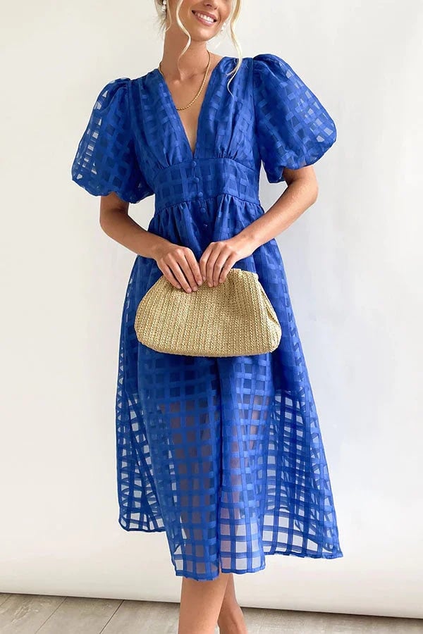 🔥 Square Patterned Fabric Puff Sleeve Midi Dress