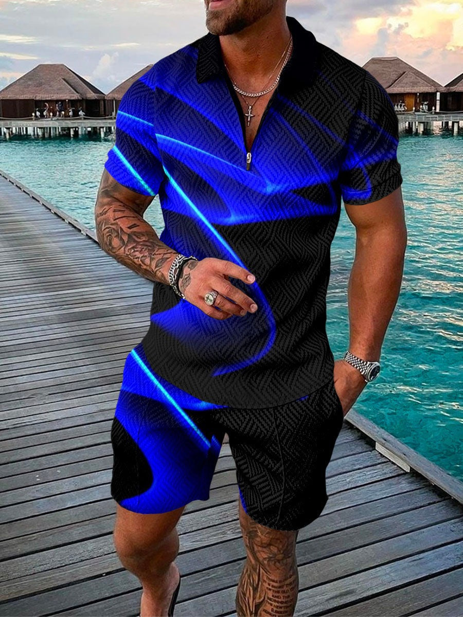 2023 New Men's Fashion Casual Suit Zipper Short Sleeve Polo Shirt Shorts 2 Piece Set