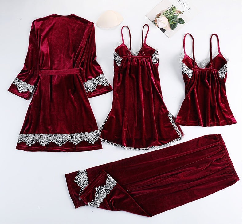 Women Sexy Velvet Pajamas Sets 4 pcs